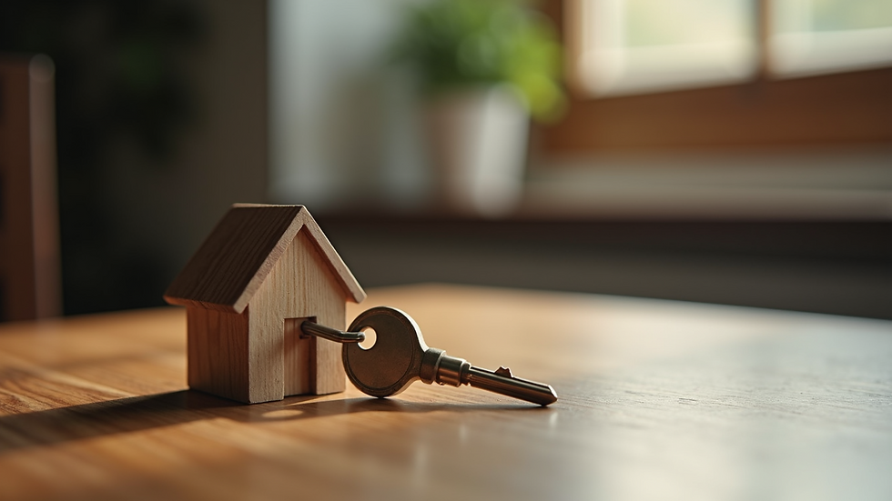 Close-up view of a house key on a wooden table