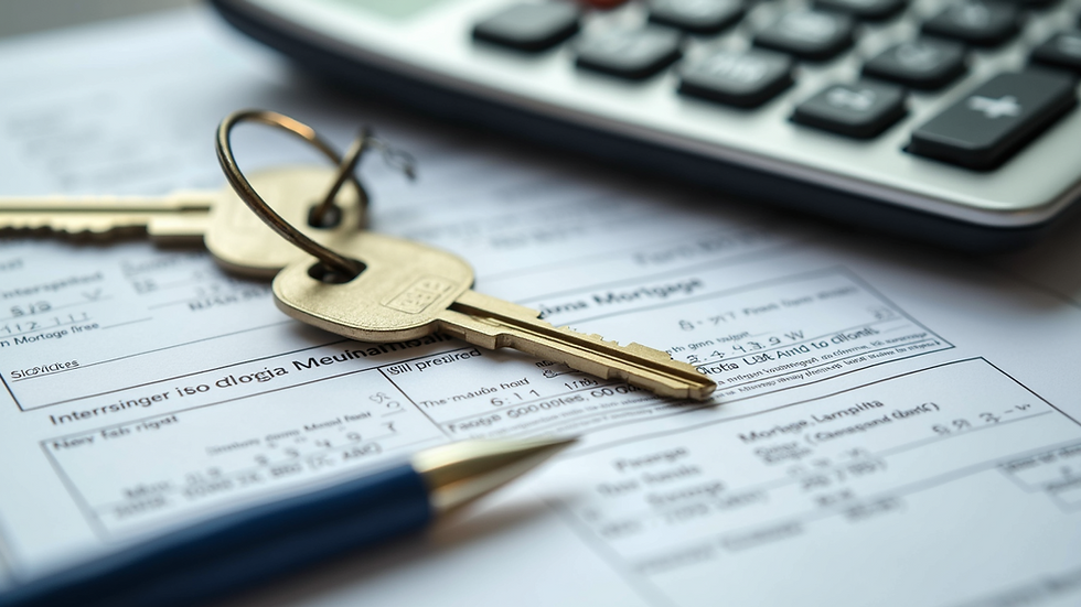 Close-up view of a calculator and house keys on top of mortgage documents