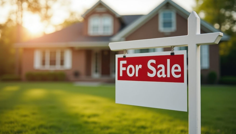 Close-up view of a "For Sale" sign nestled in lush grass