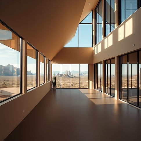 big open building from the inside with lots of big windows displaying the landscape of ari