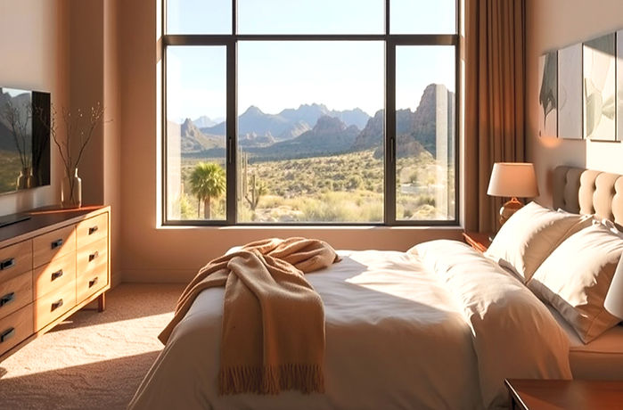 A beautiful neat master bedroom with the camera angled showing a big window displaying the...ted.jpg