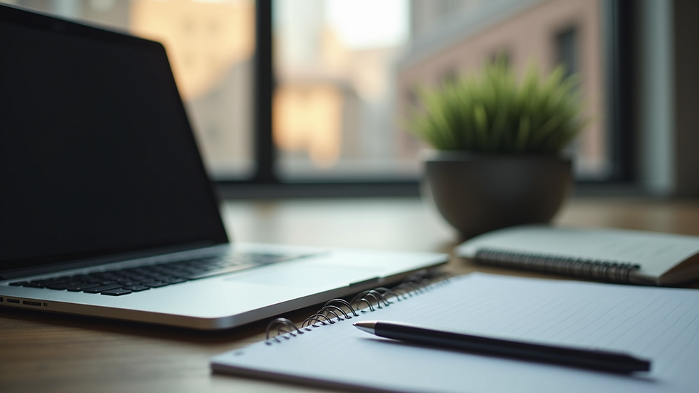 Eye-level view of a laptop on a desk with a notebook and pen
