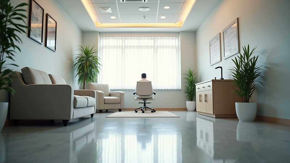Eye-level view of a dental office waiting area with comfortable seating