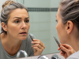 A perimenopausal woman plucks facial hair with tweezers
