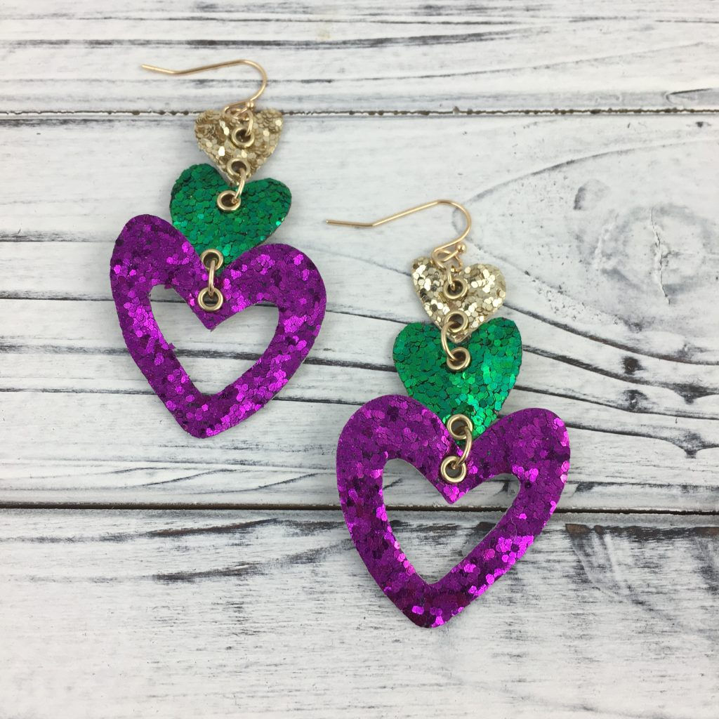 Mardi Gras Glitter Open Heart Earrings