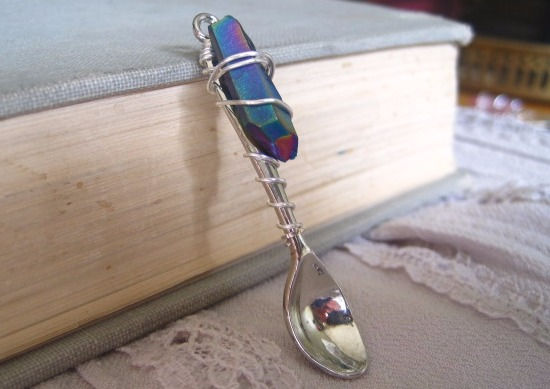 Titanium Quartz Wire Wrapped Mini Spoon Pendant