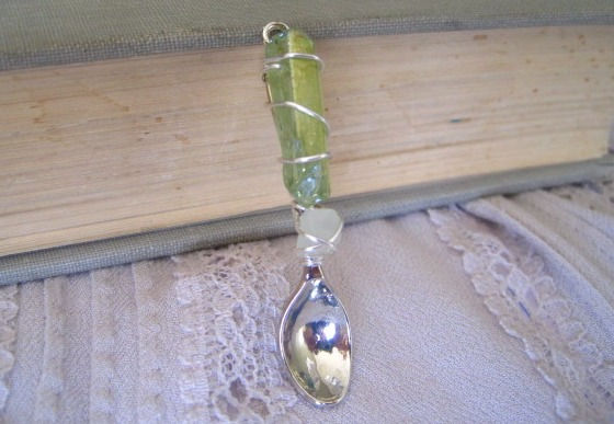 Green Aura Quartz & Selenite Wire Wrapped Mini Spoon Pendant