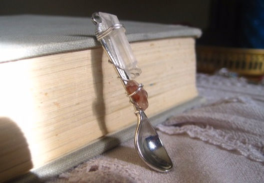 Clear & Lithium Quartz Wire Wrapped Mini Spoon Pendant
