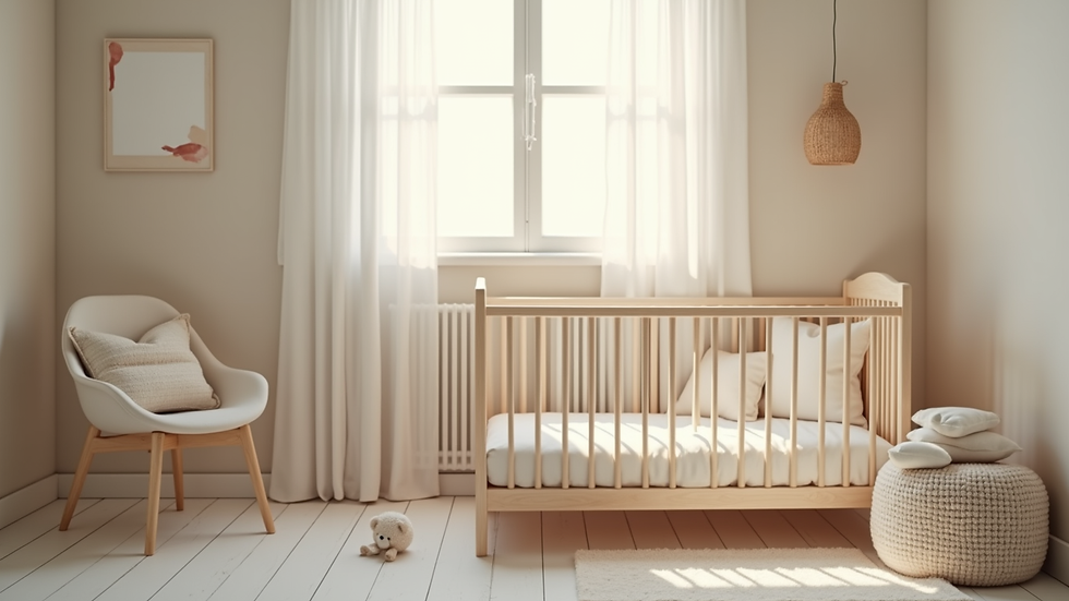 Close-up view of a softly lit nursery with a crib and calming decor