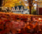 Front view of Inn at Pleasant Lake in autumn, surrounded by golden trees and a blanket of red and orange fallen leaves.