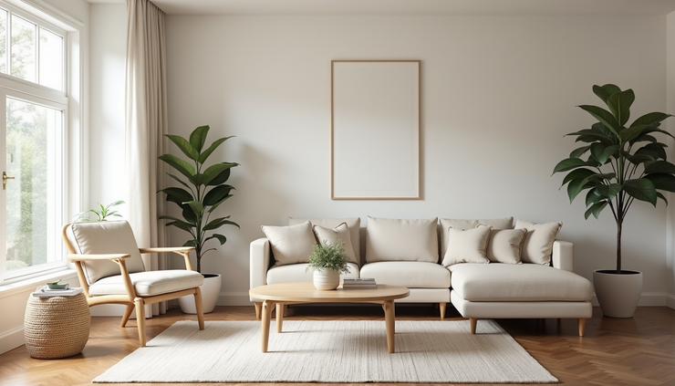 Eye-level view of a well-staged living room with neutral colors and natural light