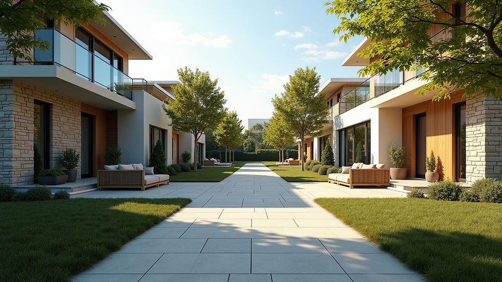 Eye-level view of a modern residential neighborhood with houses and trees