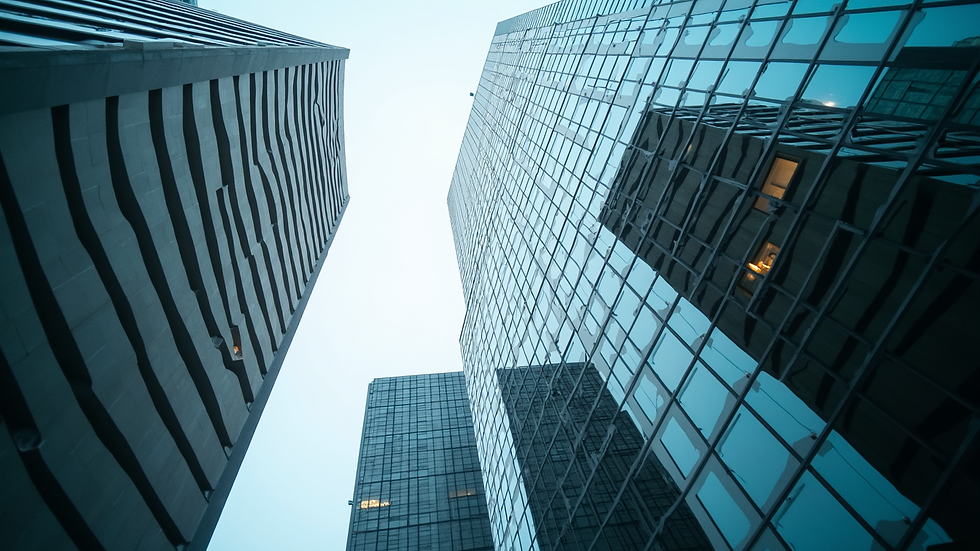Eye-level view of a modern office building with glass facade