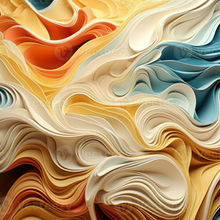 Abstract paper waves in orange, yellow, and blue create a textured, fluid pattern. No text. Dynamic and vibrant mood.