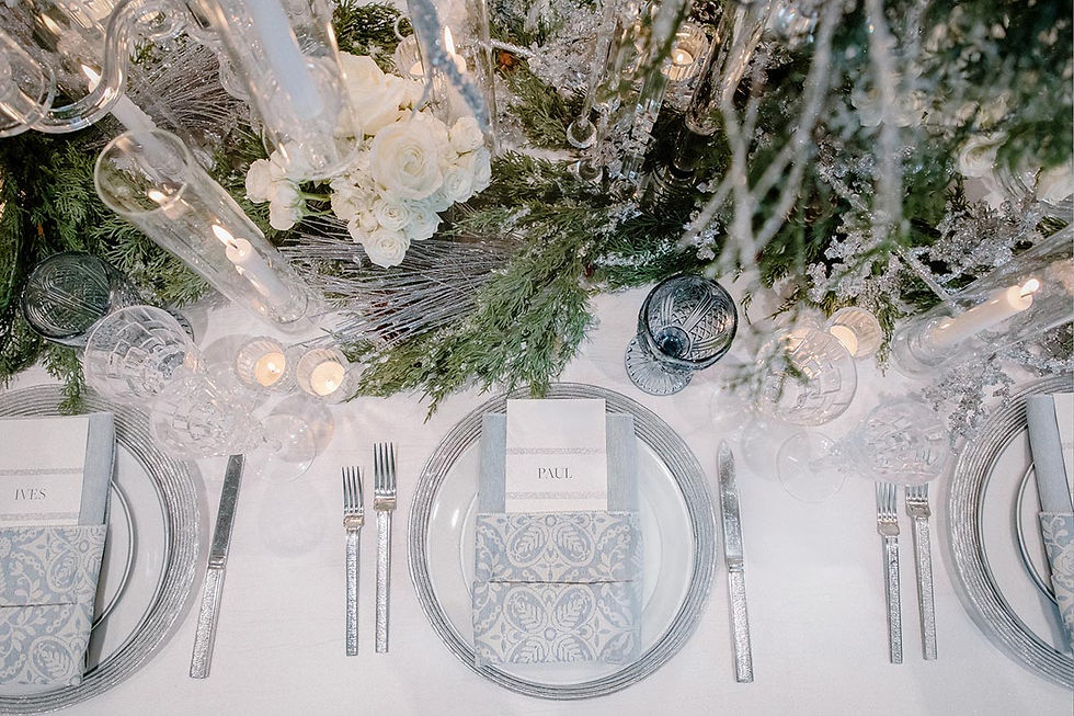 Table setting with a bespoke menu or a Winter Wonderland theme wedding.