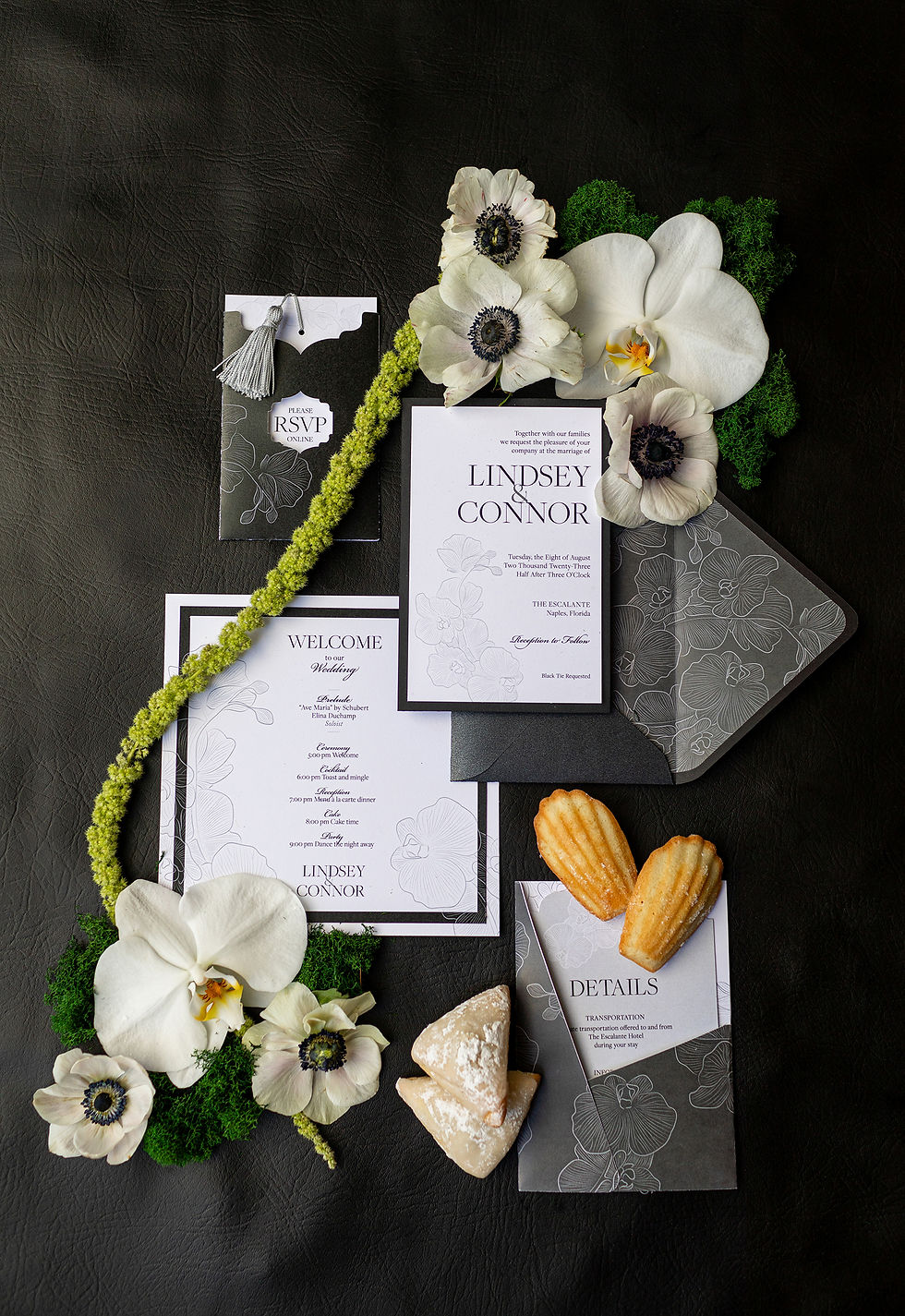 Timeless design for an organic modern wedding suite in black and white.