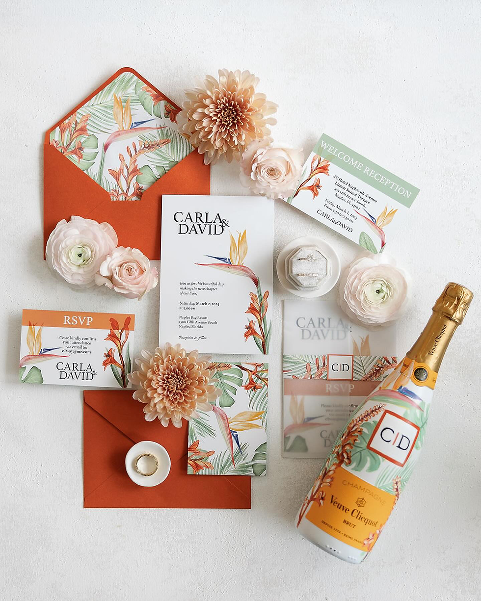 Wedding invitation suite for a Chic Tropical theme wedding.