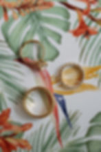 Three gold rings on a tropical leaf-patterned background with green, orange, and yellow hues, creating an elegant, vibrant scene.