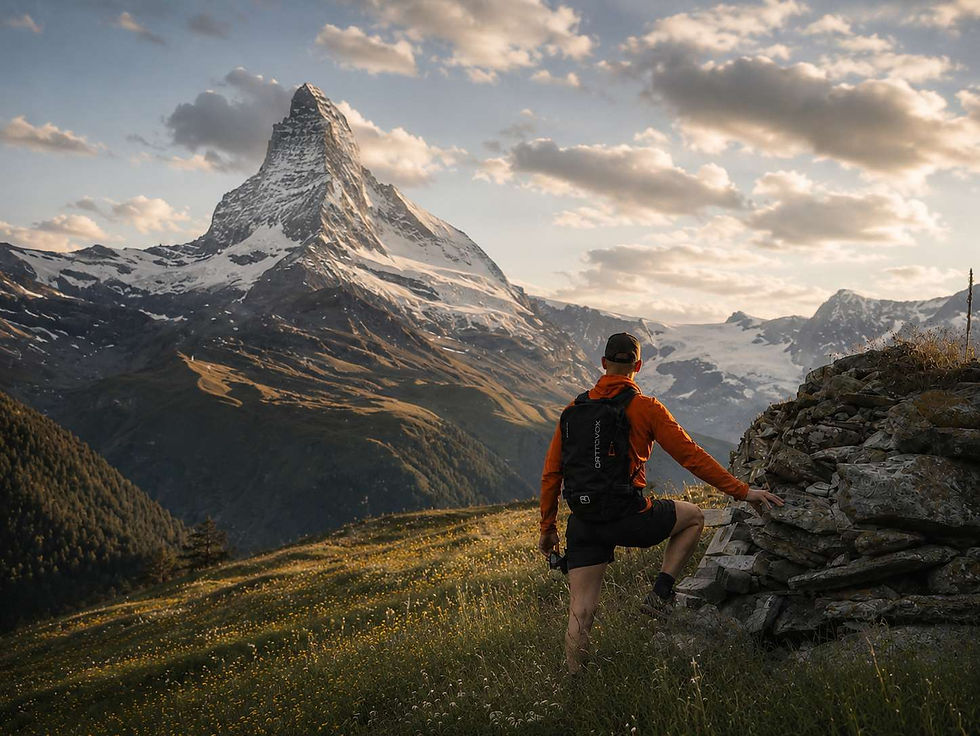 Hiker in an orange jacket pausing on an alpine meadow with the Matterhorn at golden hour, Zermatt