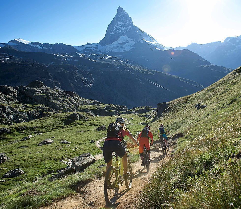 Three mountain bikers riding a singletrack trail through an alpine meadow directly towards the Matterhorn on a sunny summer day above Zermatt