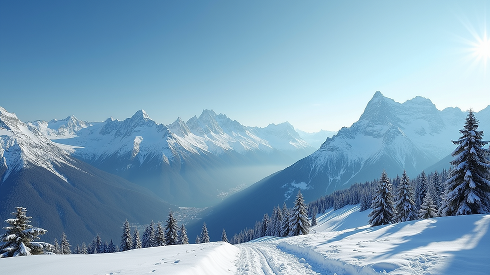 Wide angle view of the Swiss Alps with a clear blue sky