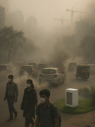 Residents wearing masks walking through a smog-covered street in Gurugram with traffic and skyline faded in the background.