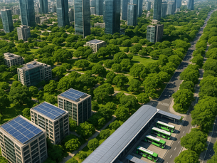 Gurugram skyline with green zones, solar panels, and electric vehicles — a vision of sustainability.