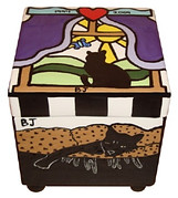Square hand-painted cat urn with a cat named BJ, garden scene, and black-and-white pattern
