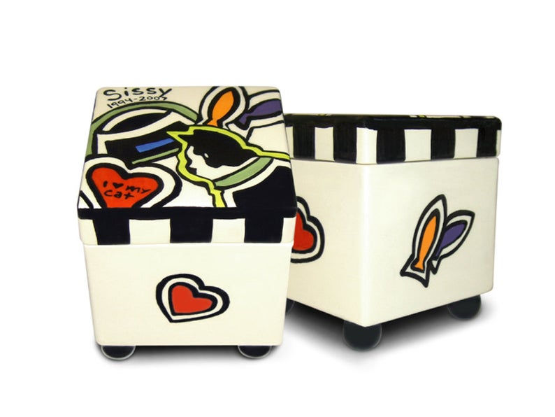 Thumbnail: Cat box urn with black cat, red heart, colorful fish, and name “Sissy.”
