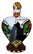 Heart-shaped hand-painted urn with two black cats sitting together and colorful abstract background