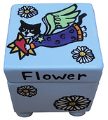 Small square hand-painted cat urn with angel cat design, flowers, and the name Flower