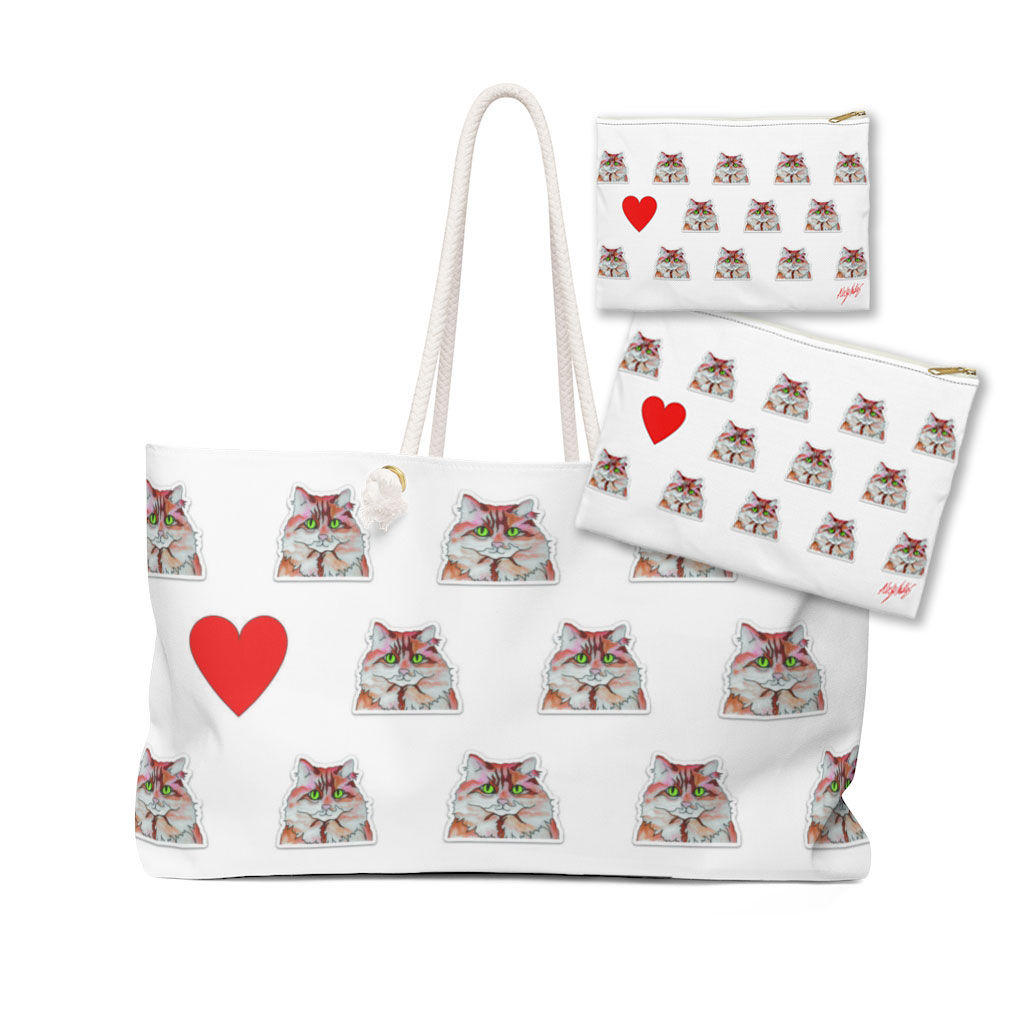 Orange and White Cat Tote + Zip Pouches