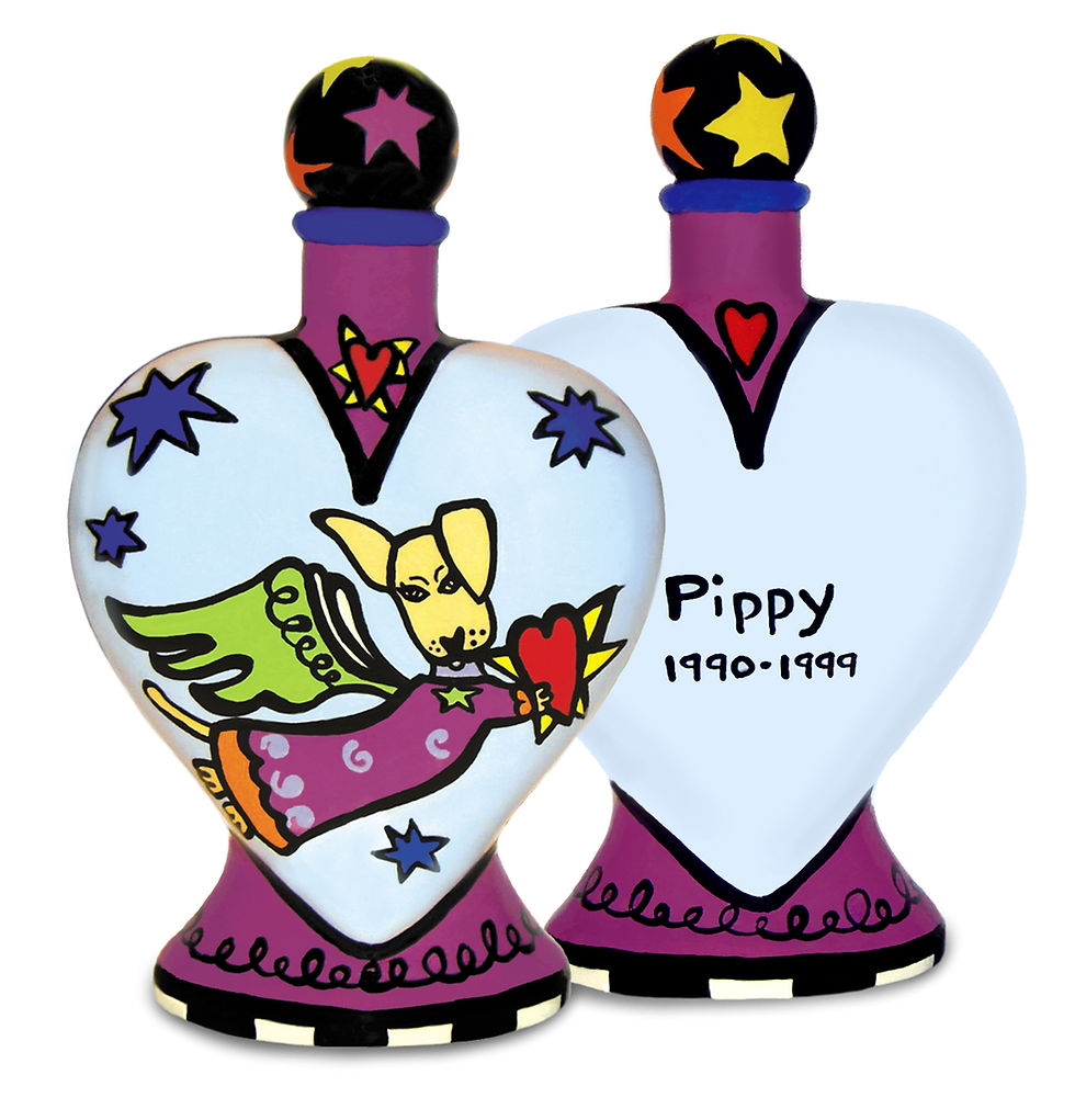Thumbnail: Dog heart urn with a tan angel dog and red heart on the front; back displays the pet’s name and dates.