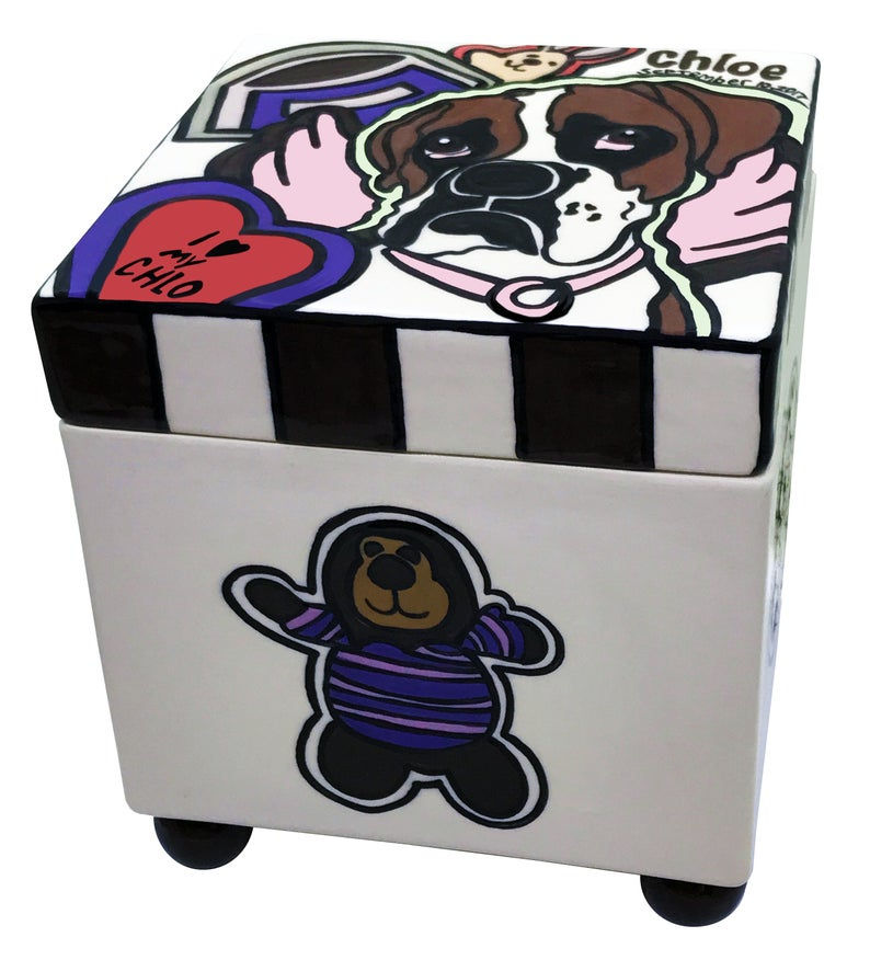 Thumbnail: Dog box urn featuring a soulful boxer-style dog, red heart, and black trim.