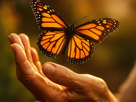 Close-up de las manos de una mujer en etapa de madurez sosteniendo una mariposa monarca con las alas abiertas, simbolizando transformación, renacimiento y hábitos conscientes durante la menopausia. Fondo natural desenfocado con luz cálida y suave.