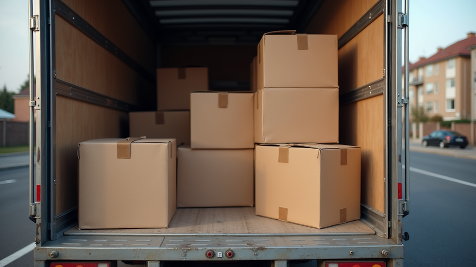 High angle view of a moving truck being loaded with packed boxes