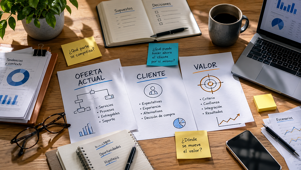Mesa de trabajo ejecutiva vista desde arriba, con documentos que comparan oferta actual, cliente y valor, junto a notas con preguntas estratégicas sobre comoditización, capacidad del cliente y desplazamiento del valor. La escena transmite análisis comercial y revisión de propuesta de valor frente al impacto de la IA.