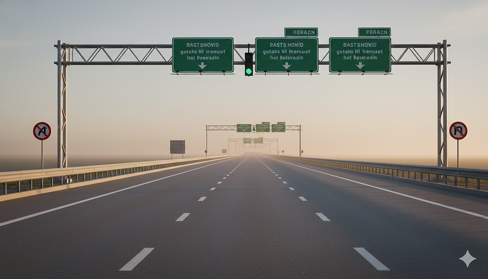 Autopista vacía vista desde el punto de vista del conductor, con señaléticas verdes de dirección y un semáforo en verde al centro, bajo una luz de amanecer con neblina en el horizonte.
