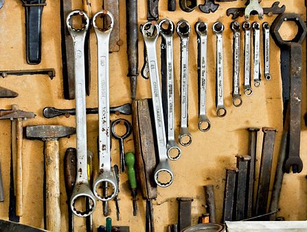 organized boards, tools, hammer, wrench, nails, screw driver