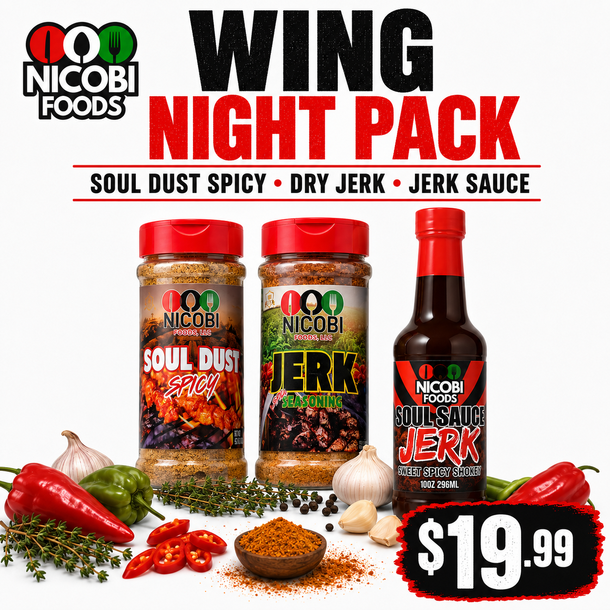 Nicobi Wing Night Pack - Spicy Dust, Dry Jerk & Jerk Sauce