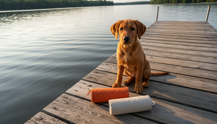 Overhead view of a Labrador puppy sitting on a wooden dock beside training bumpers.