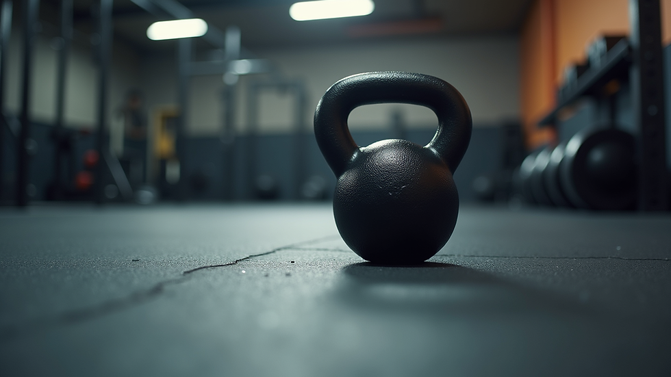 Eye-level view of a kettlebell on gym floor