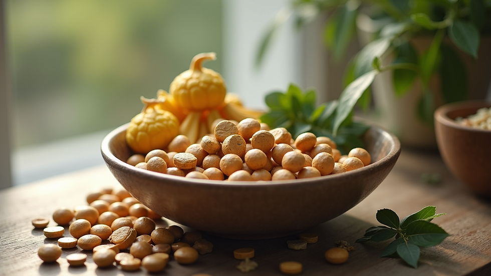 Eye-level view of a bowl filled with various hair growth supplements