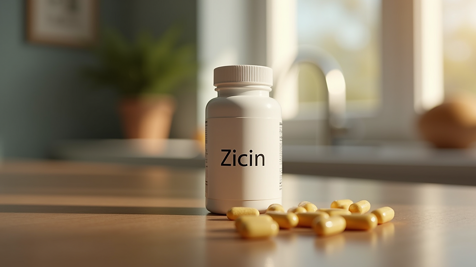 Eye-level view of a bottle of zinc supplements on a table