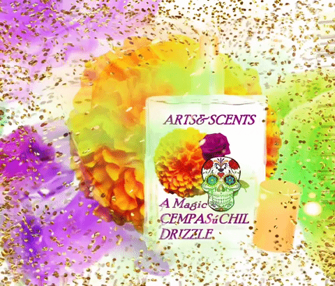 Cempasuchil drizzle fragrance bottle with glitter flowers  moving