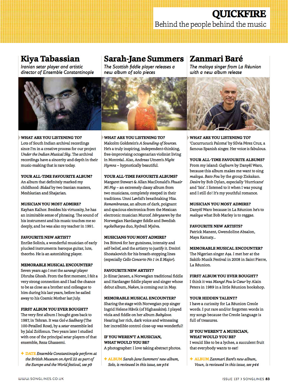 Songlines Quickfire Q&A Sarah-Jane Summers April 2018 1/2