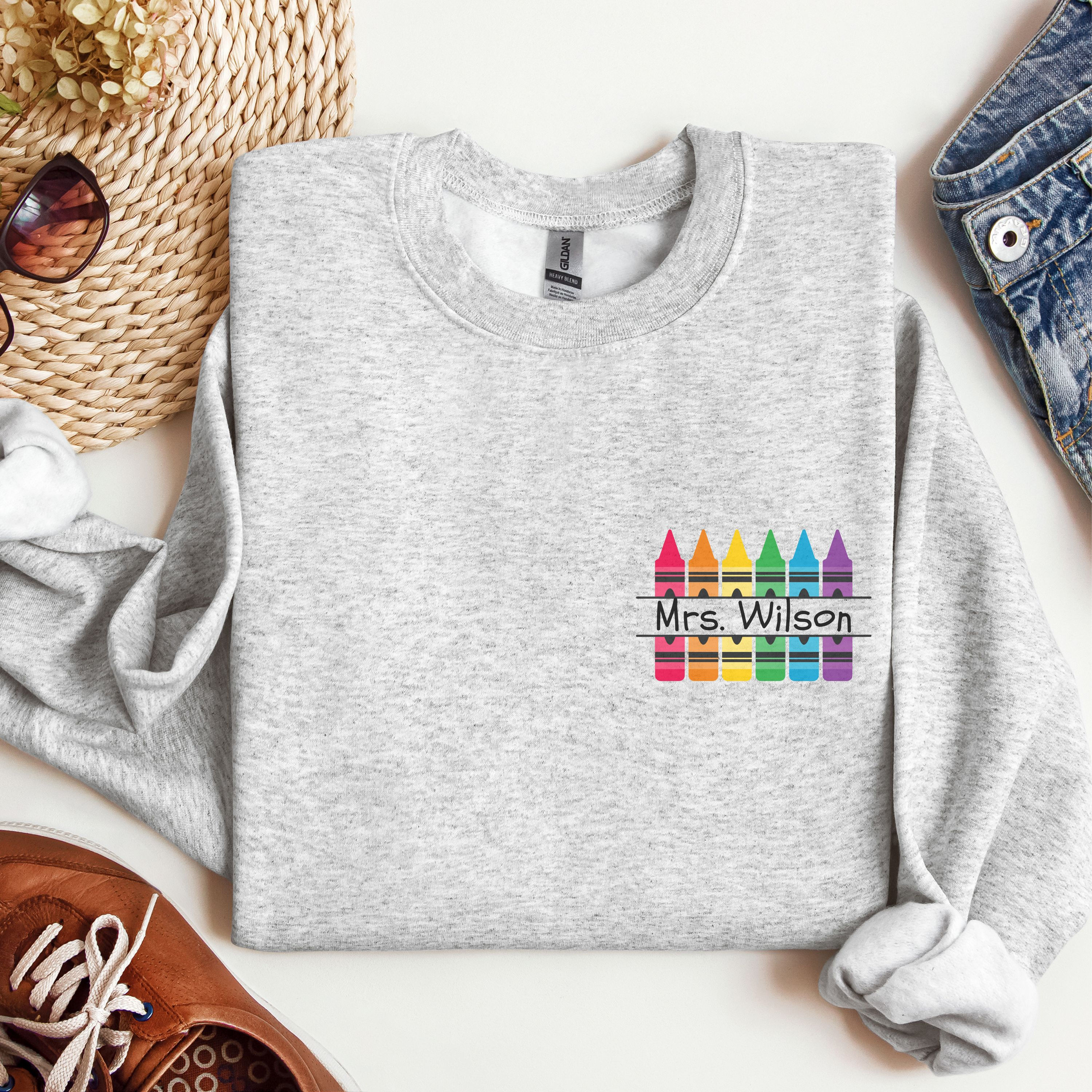 Personalized Teacher/Teacher's Aid Crewneck Sweatshirt with Crayons Teacher Gift in Ash