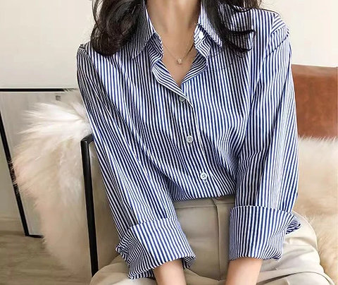 Classic Striped Woman Spring Autumn Blouses Shirt Lady Long Lantern Sleeve Stand