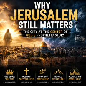 Dramatic cinematic image of Jerusalem beneath storm clouds and golden light with bold text reading “Why Jerusalem Still Matters,” featuring symbolic imagery of Jesus overlooking the city, prophetic themes, and references to biblical prophecy and restoration.