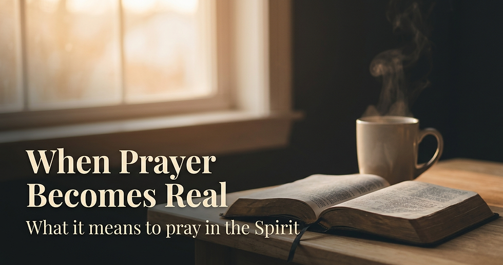 Open Bible on a wooden table in warm morning light, beside a steaming mug—evoking quiet, personal prayer.